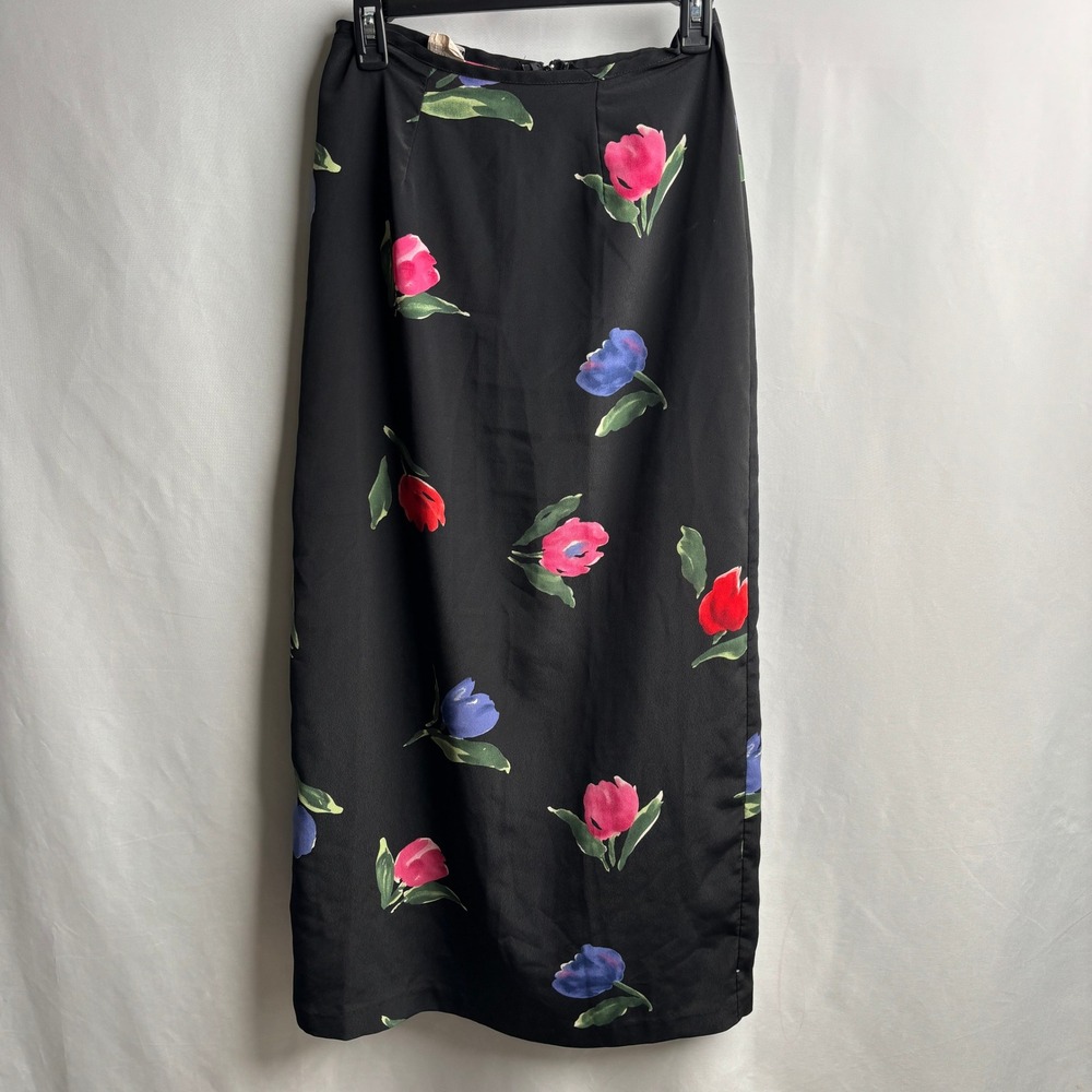 Spoiled Rotten Vintage 90s Black Floral Tulip Maxi Skirt Slit 7/8 Whimsigoth Y2K
